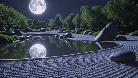 tranquil minimalist zen garden with a pond reflecting the full moon at night, featuring carefully raked gravel, moss, rocks, and trees, creating a peaceful and meditative atmosphere
