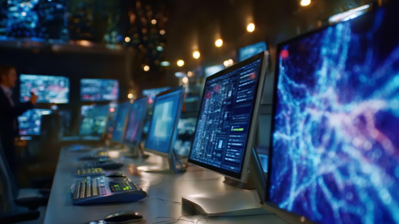 A Glimpse into Advanced Technology: Interactive Monitors Displaying High-Tech Data Visualizations in a Modern Control Room Environment
