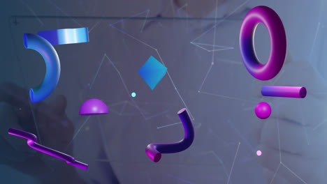 Animation of geometric shapes with connected dots, midsection of caucasian man touching screen