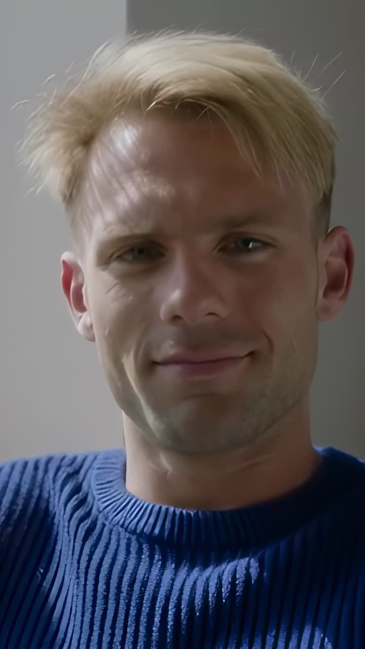 Ritratto ravvicinato di un giovane uomo sorridente con capelli biondi.