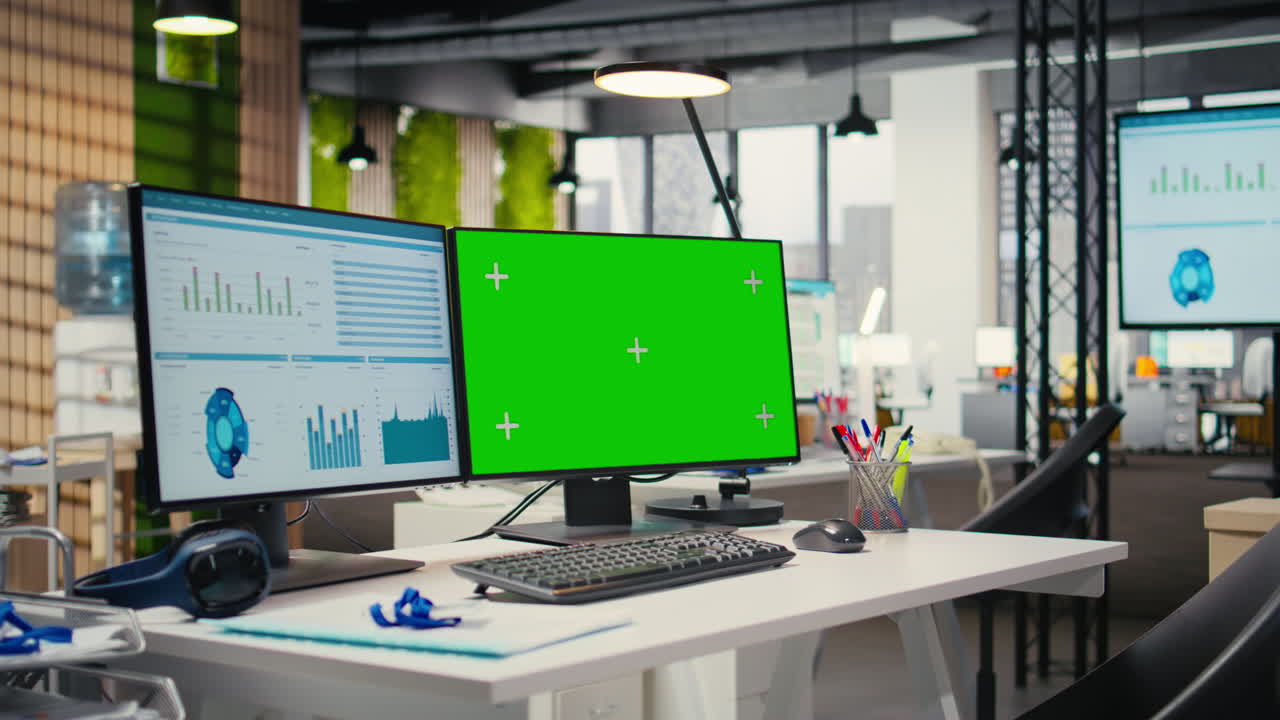 Vertical Video Empty professional office includes analytics tools and isolated display