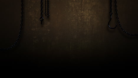 metal chains hanging in a dark room with a single lightbulb