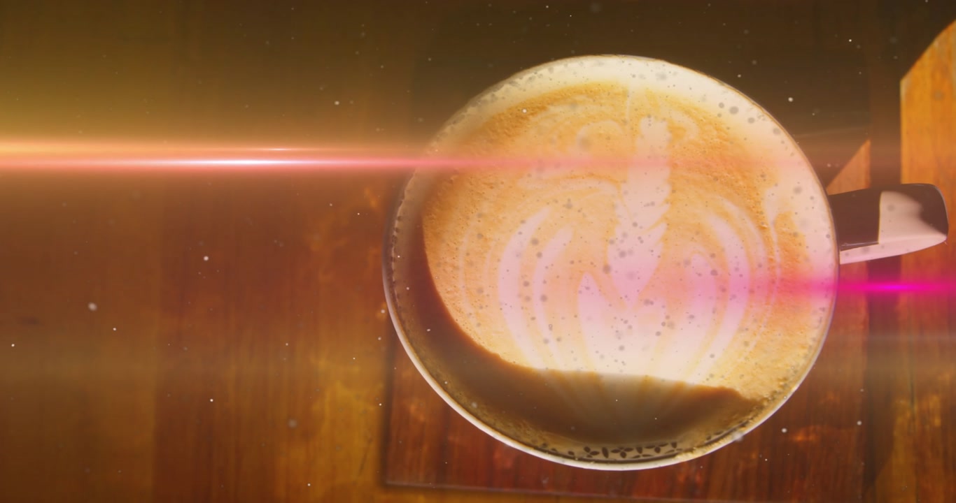 Lens flare drifting across table initiating cup sliding in, camera panning revealing latte art
