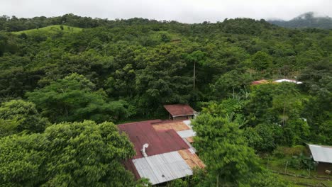 Vista-Aérea-Que-Avanza,-Casas-En-Las-Colinas,-Vista-Panorámica-De-La-Selva-Tropical-De-La-Tigra-En-Costa-Rica-En-Un-Día-Brillante