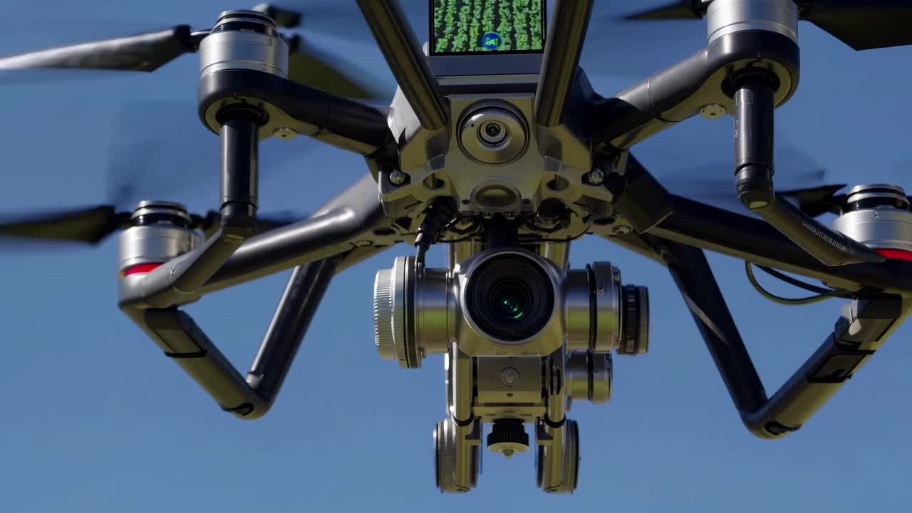 Close-up, low-angle shot of a drone in flight, capturing video with a clear blue sky backdrop