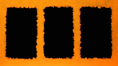 tres cajas negras verticales para video o imagen en video con fondo de papel texturizado de gradiente naranja, listo para la tecla luma