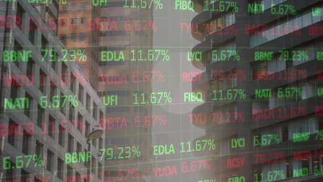 animation of multicolored trading board over multiple graphs against modern buildings