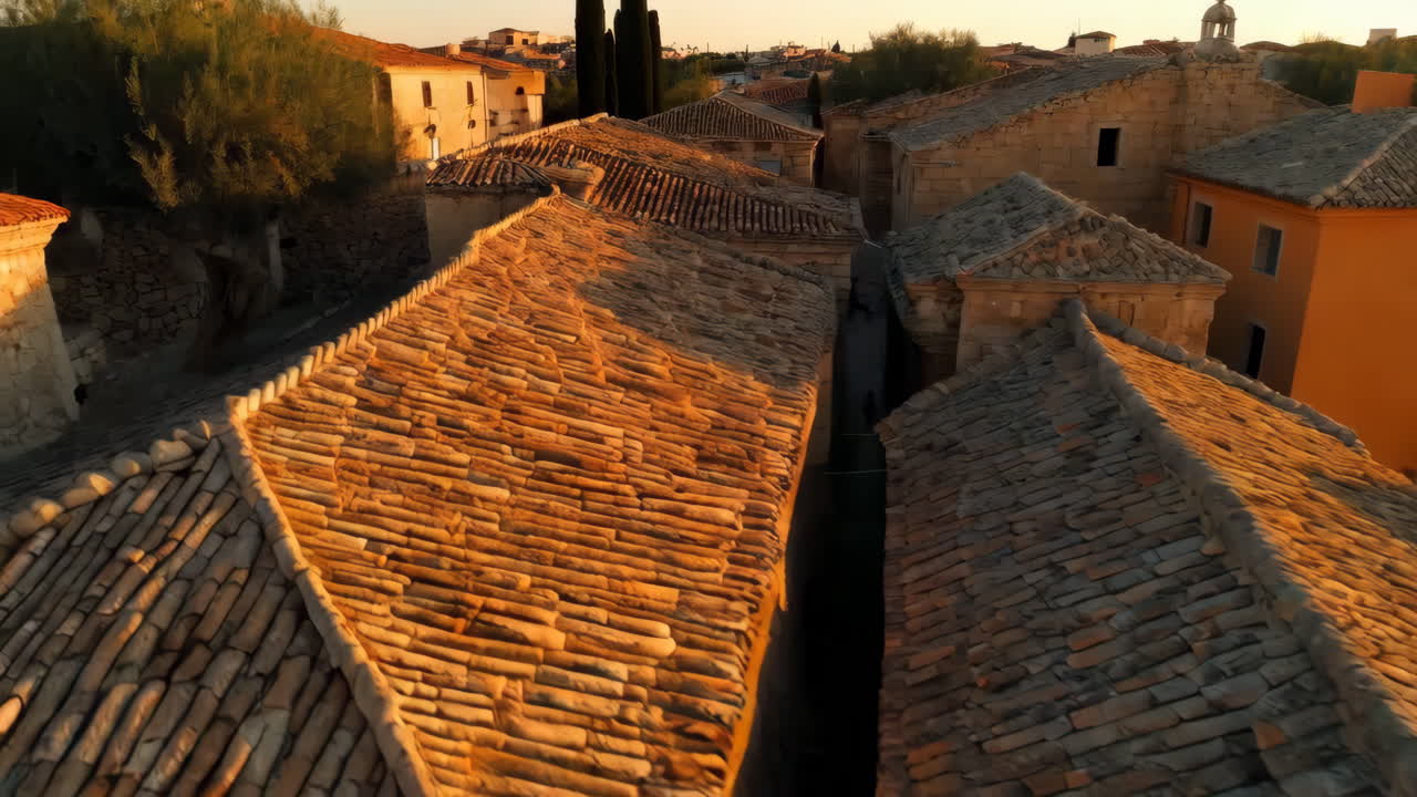 Aerial View of a Charming Spanish Town at Sunset