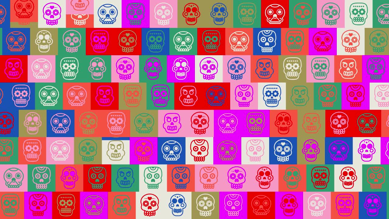 bucle de cráneo. animación. fondo de patrón sin costuras. telón de fondo de cráneos humanos pequeños y divertidos en iconos multicolores. halloween, día de los muertos mexicano