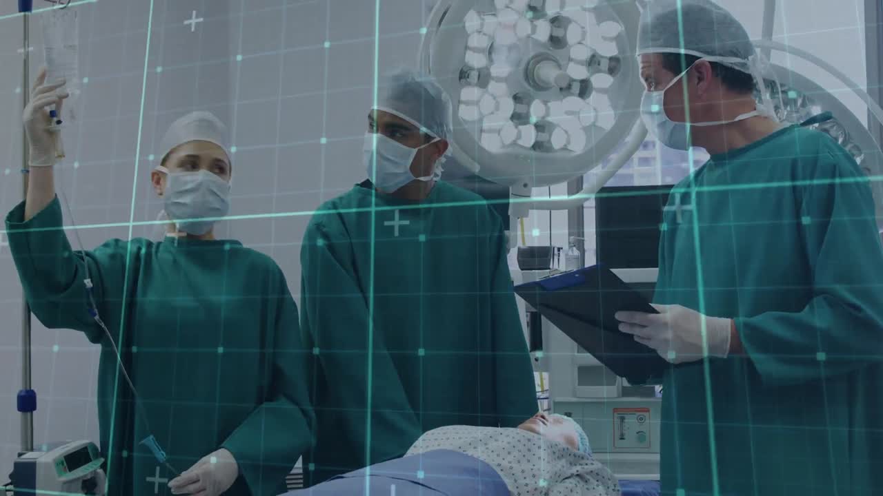 태블릿을 사용하는 백인 남성 외과 의사에 대한 데이터 처리 애니메이션