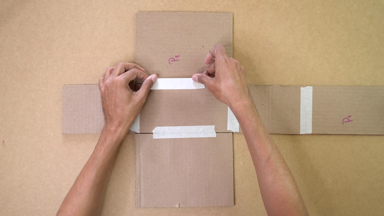 Manos trabajando con cartón para proyectos creativos, sencillo y enfocado