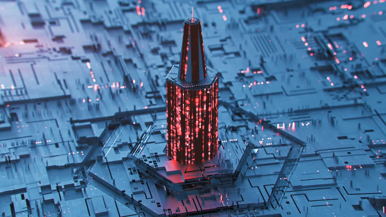 빨간색 디지털 데이터 스트림을 가진 추상적인 건설 루프 가능한 3d 렌더링 애니메이션