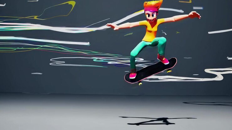 Personaggio animato che esegue acrobazie con lo skateboard in studio