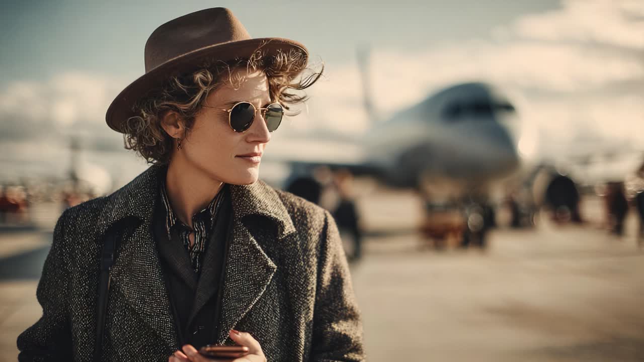 Stylish Traveler on Airport Tarmac: Captivating Portrait of a Fashionable Individual in Vintage Attire with Sunglasses Against a Backdrop of Airplanes