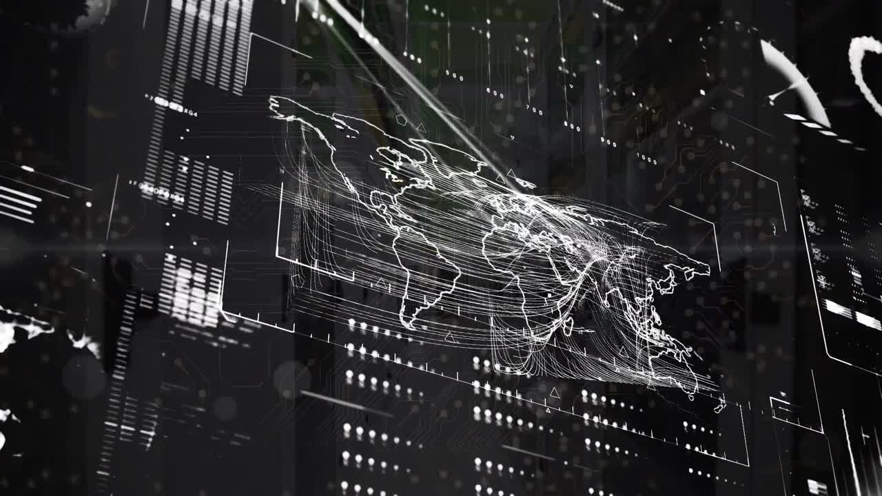 Animation of world map with hud processing on digital interface at data center