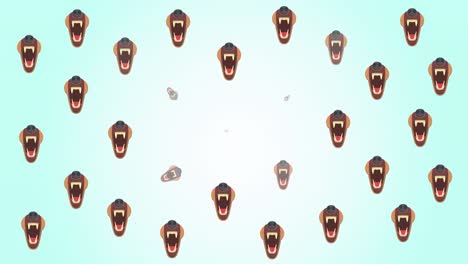 animation of rows of repeated wild cat and dog muzzles, on pale blue background