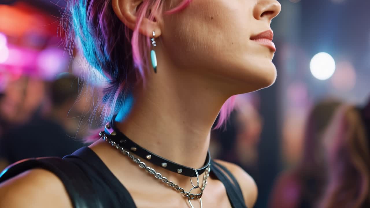 Giovane donna con i capelli rosa e un choker in discoteca