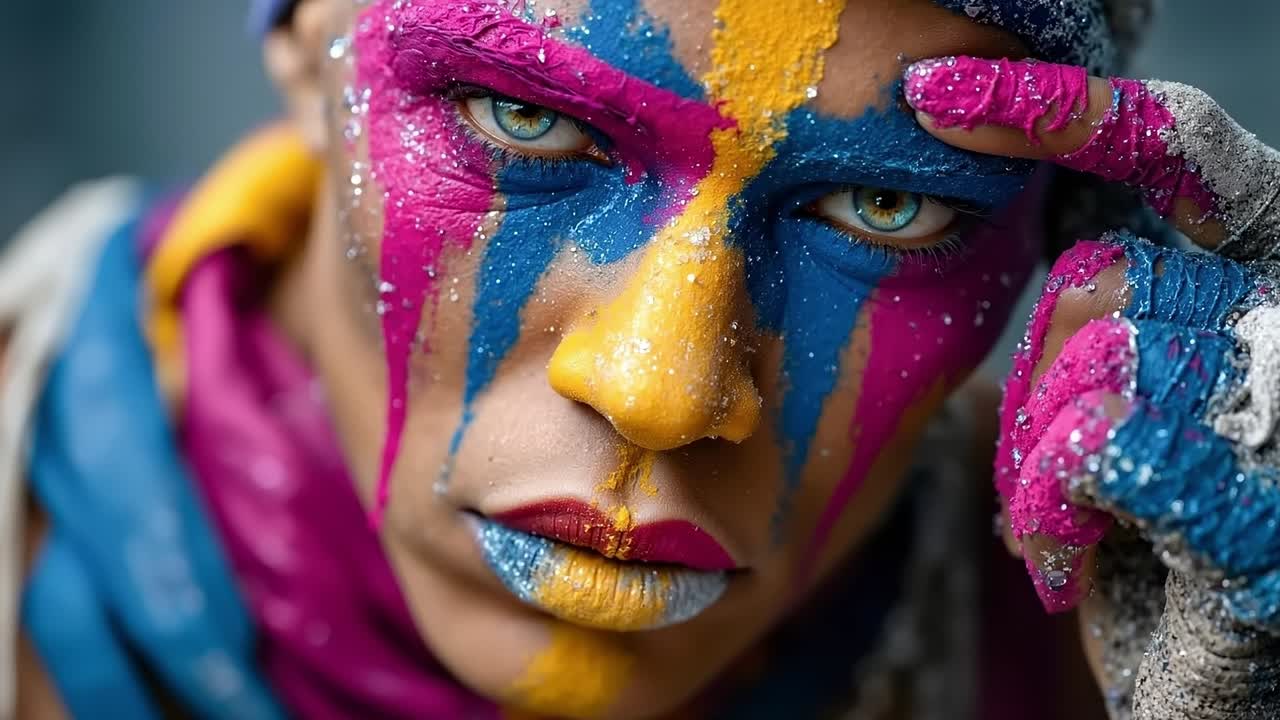 A woman with colorful paint on her face and hands
