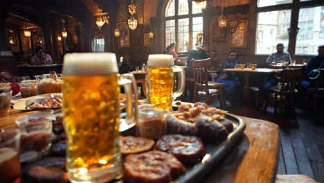 craft beer and snacks served on a wooden table in a cozy pub setting