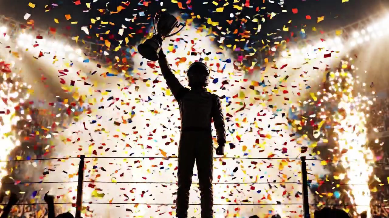 Un atleta trionfante si erge orgoglioso con un trofeo tra un'esplosione vibrante di coriandoli e tifosi esultanti, celebrando una vittoria monumentale in un emozionante evento competitivo.
