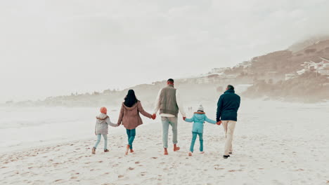 beach, walk and back of family holding hands