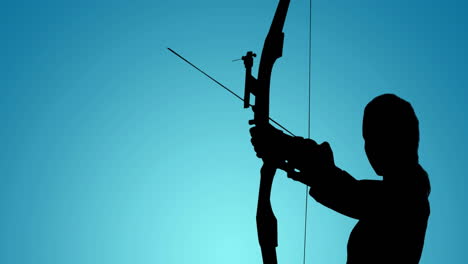 animation of target and silhouette of female archer using bow on blue background