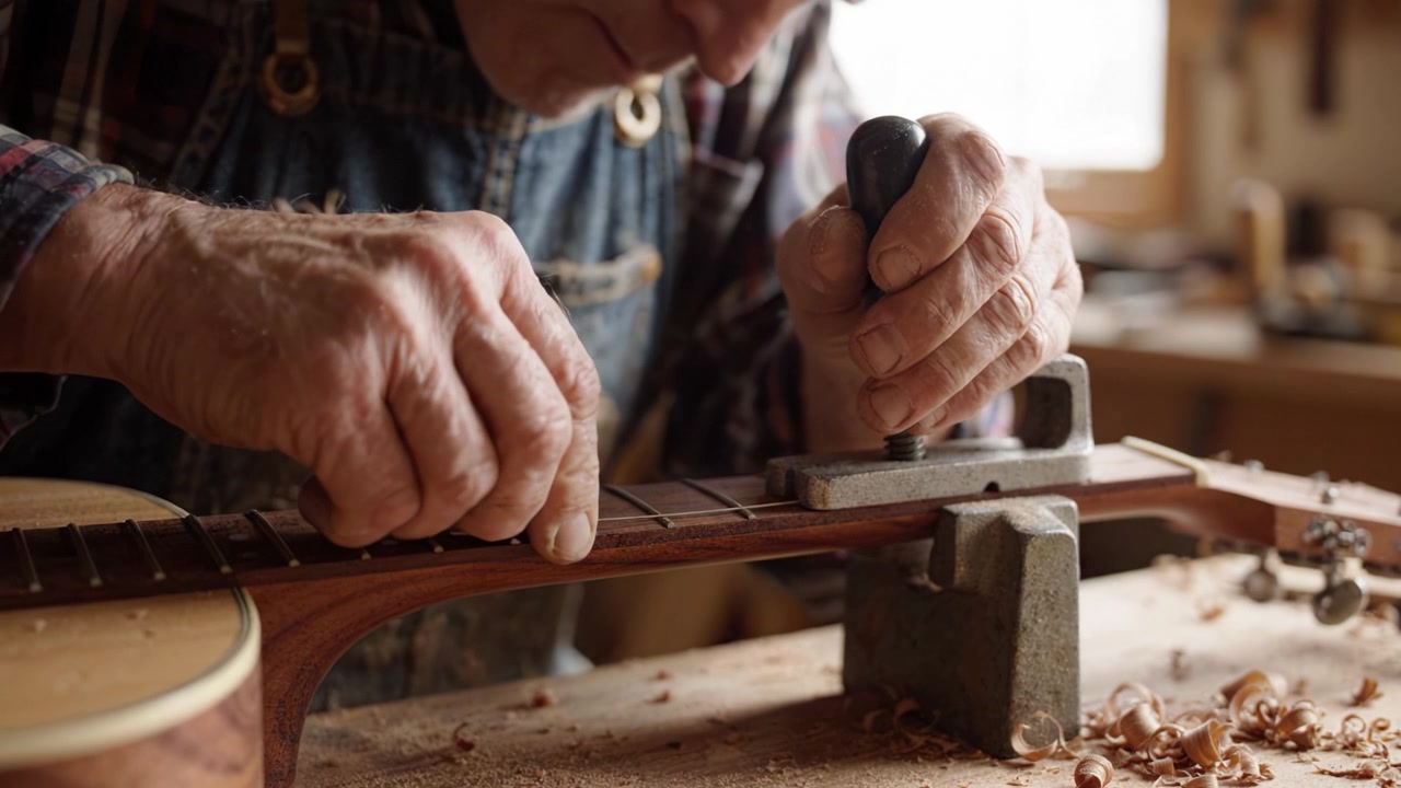 Skilled Hands Carving a Wooden Instrument: Craftsmanship in Action as an Artisan Shapes the Fretboard with Precision Tools in a Workshop Setting