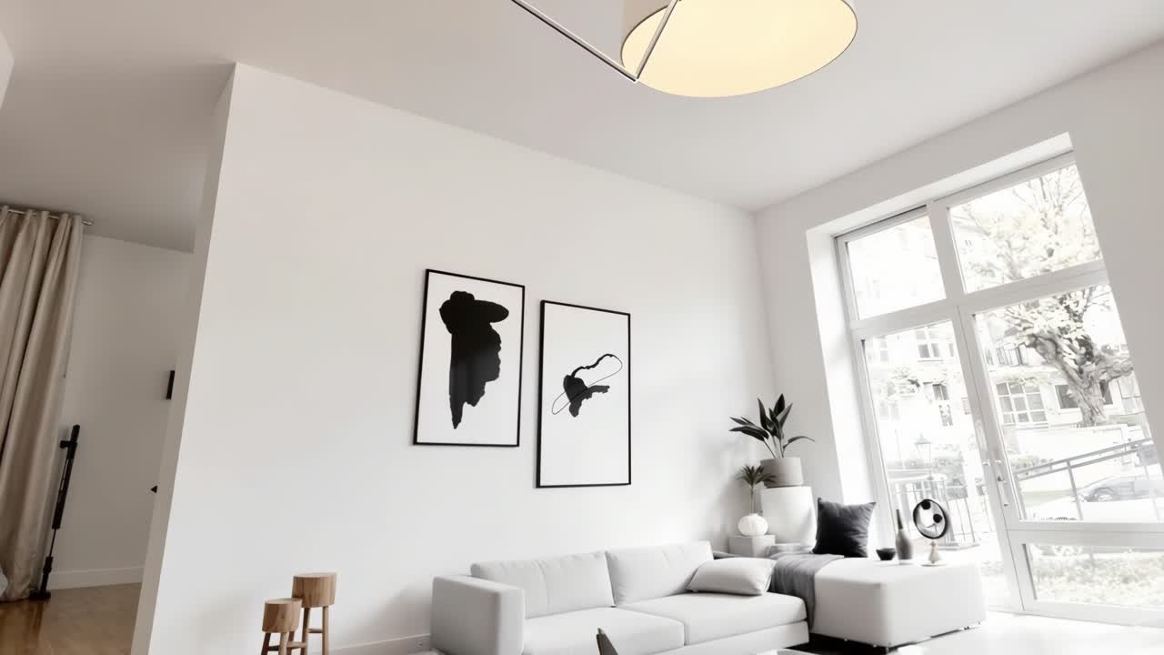 Interni scandinavi minimalisti caratterizzati da uno spazio abitativo bianco, opere d'arte astratte, mobili eleganti e un'ampia finestra che fornisce luce naturale.