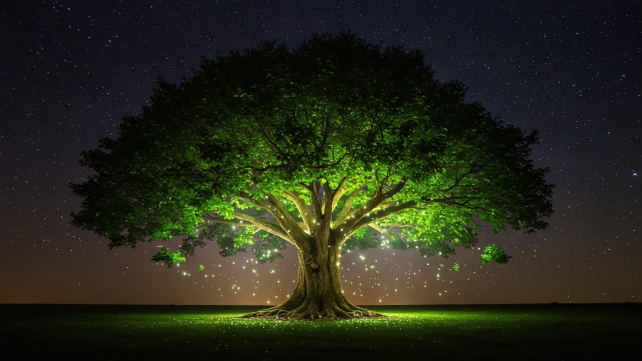 A Majestic Tree Illuminated by Stars and Enchanted Lights in a Serene Night Sky Setting, Capturing Nature's Tranquility and Wonder