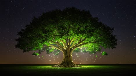 a majestic tree illuminated by stars and enchanted lights in a serene night sky setting, capturing nature's tranquility and wonder