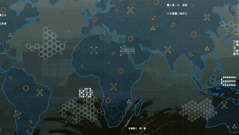animation of circuit board pattern on map over aerial view of fog covered modern city