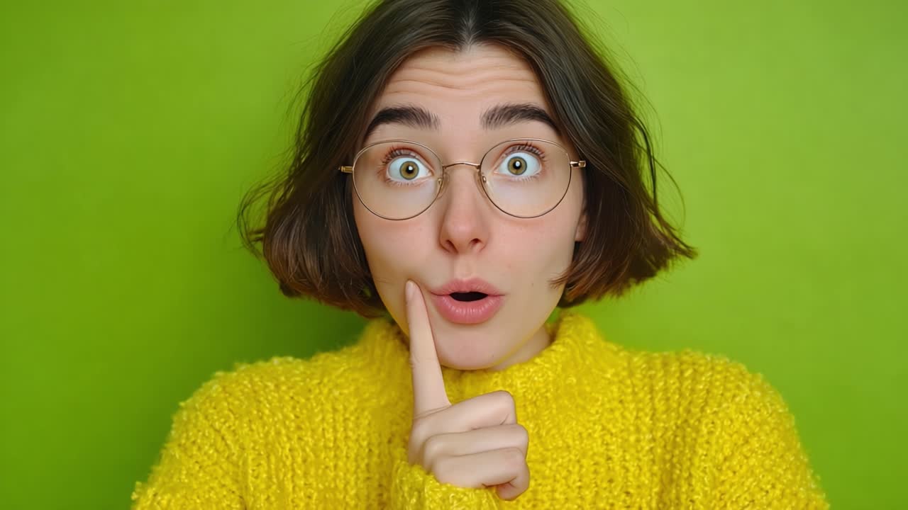 A Playful Expression of Surprise and Curiosity: A Young Individual in a Bright Yellow Sweater with a Green Background Showcases a Fun Reaction
