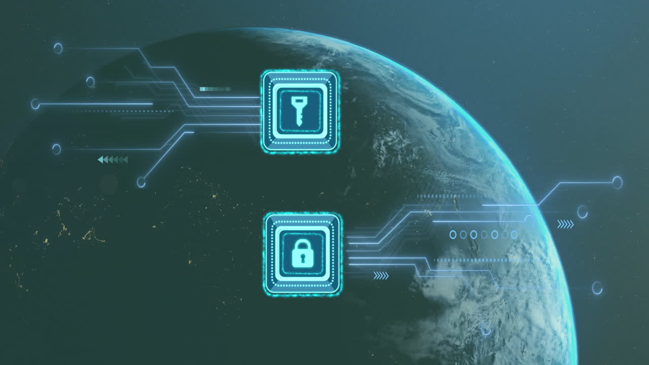 Digital security icons animation over Earth from space