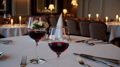 refined restaurant table featuring pristine white tablecloth, elegant glassware receiving rich red wine, creating sophisticated dining atmosphere for romantic evening celebration