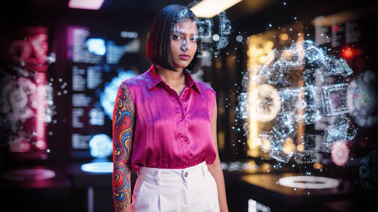 Una giovane donna con un tatuaggio artistico sul braccio, vestita con una blusa vivace, si erge con sicurezza in un ambiente ad alta tecnologia pieno di display olografici luminosi.