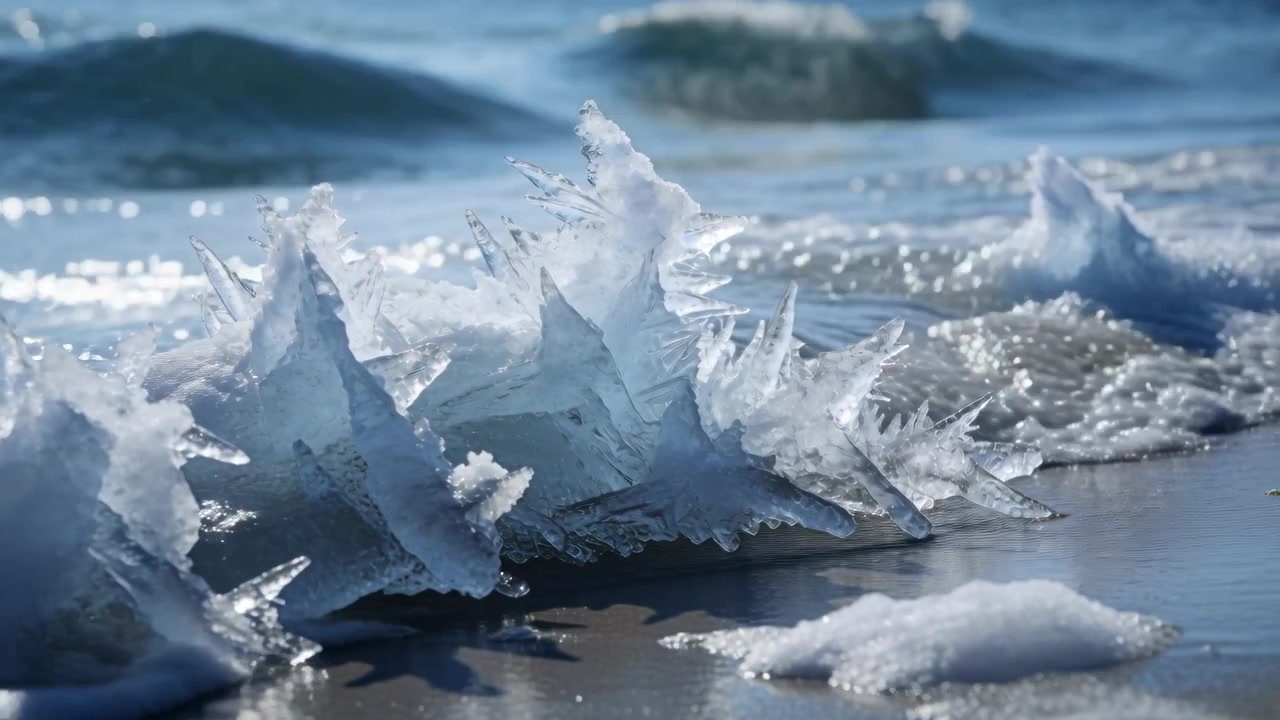 Mareggiata crescente che spinge le onde dell'oceano, che lambiscono creste di ghiaccio frastagliate e trasparenti sulla sabbia bagnata, con la luce del sole che brilla.