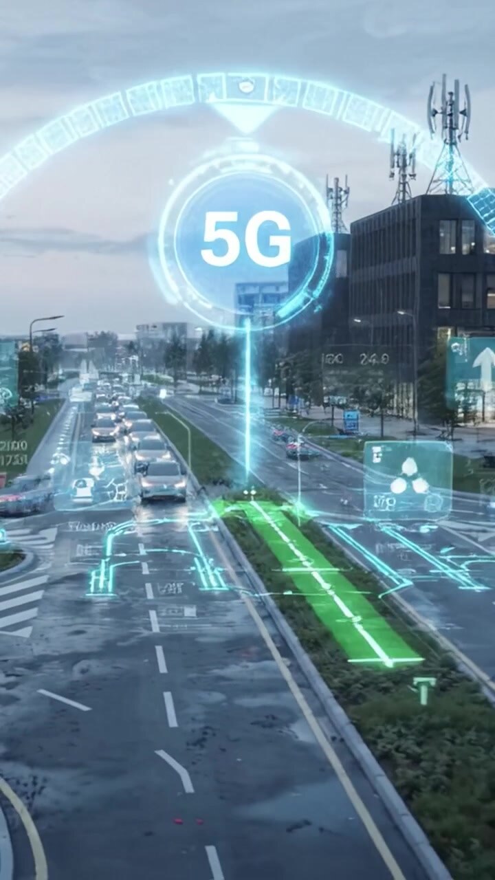 Scena di traffico urbano futuristica con auto connesse su una strada intelligente con tecnologia 5G e veicoli autonomi che migliorano la gestione del traffico e la sicurezza