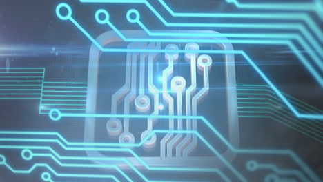 animación de conexiones de microprocesador azules en movimiento con un icono tecnológico en un marco
