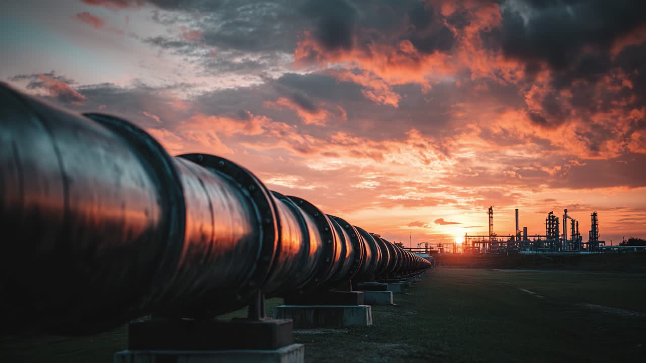 Un Impresionante Atardecer Sobre Tuberías Industriales: Capturando la Intersección de Naturaleza y Tecnología en un Paisaje Sereno