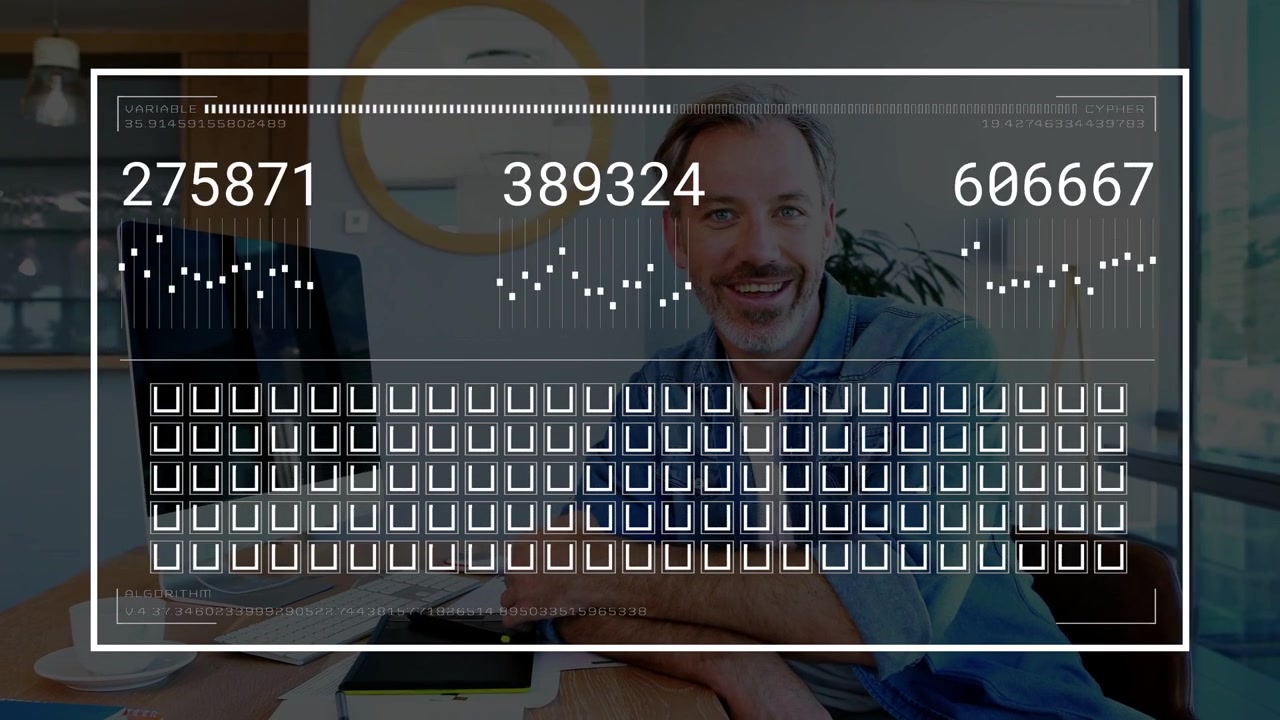 Un homme à son bureau regarde un HUD transparent mettant à jour des chiffres et des graphiques sparkline à partir d'un flux en direct, suivant les finances.