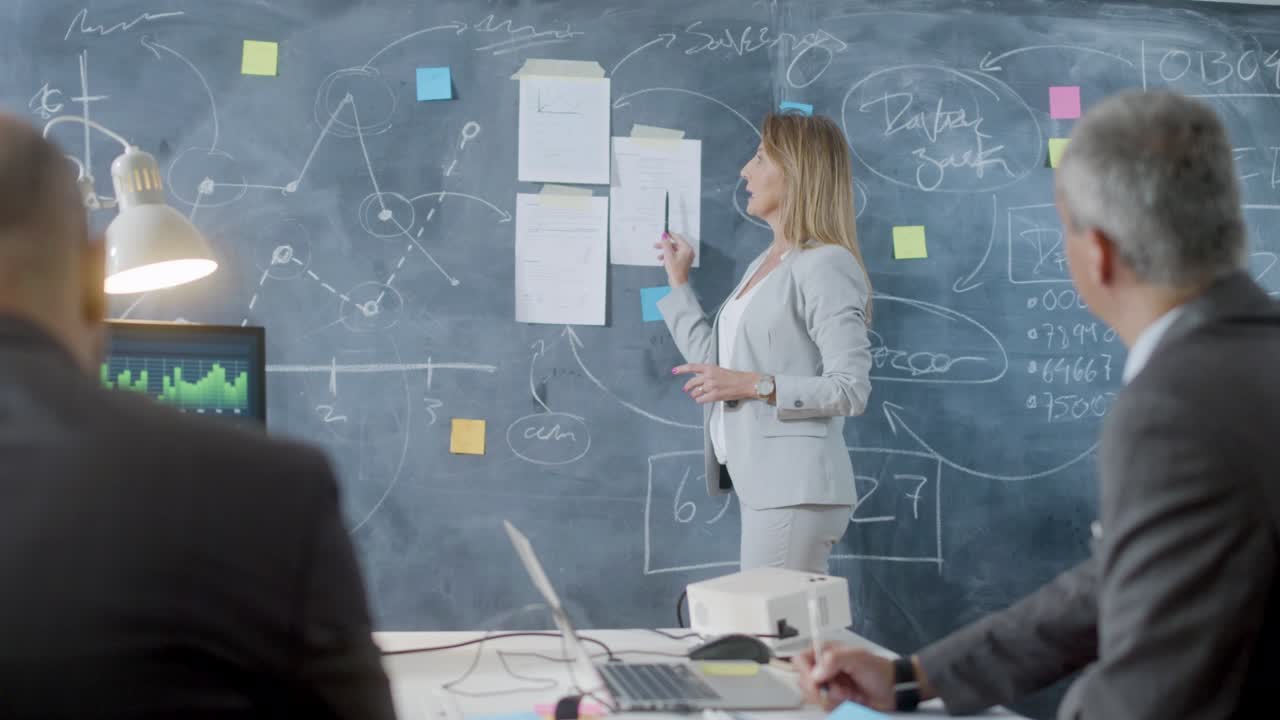 mujer de negocios caucásica de pie en el pizarrón