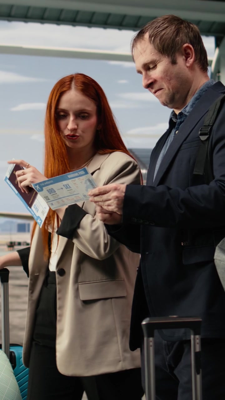 Vertikální video Obchodní cestující kontrolují informace o letenkách na letišti a povídají si