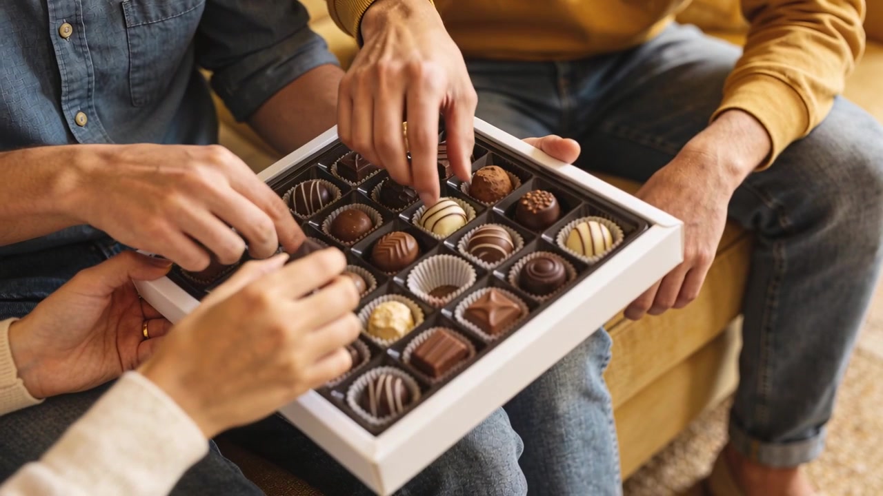 Box arriving on laps three hands, denim pointing, cream lifting chocolates on mustard sofa sharing
