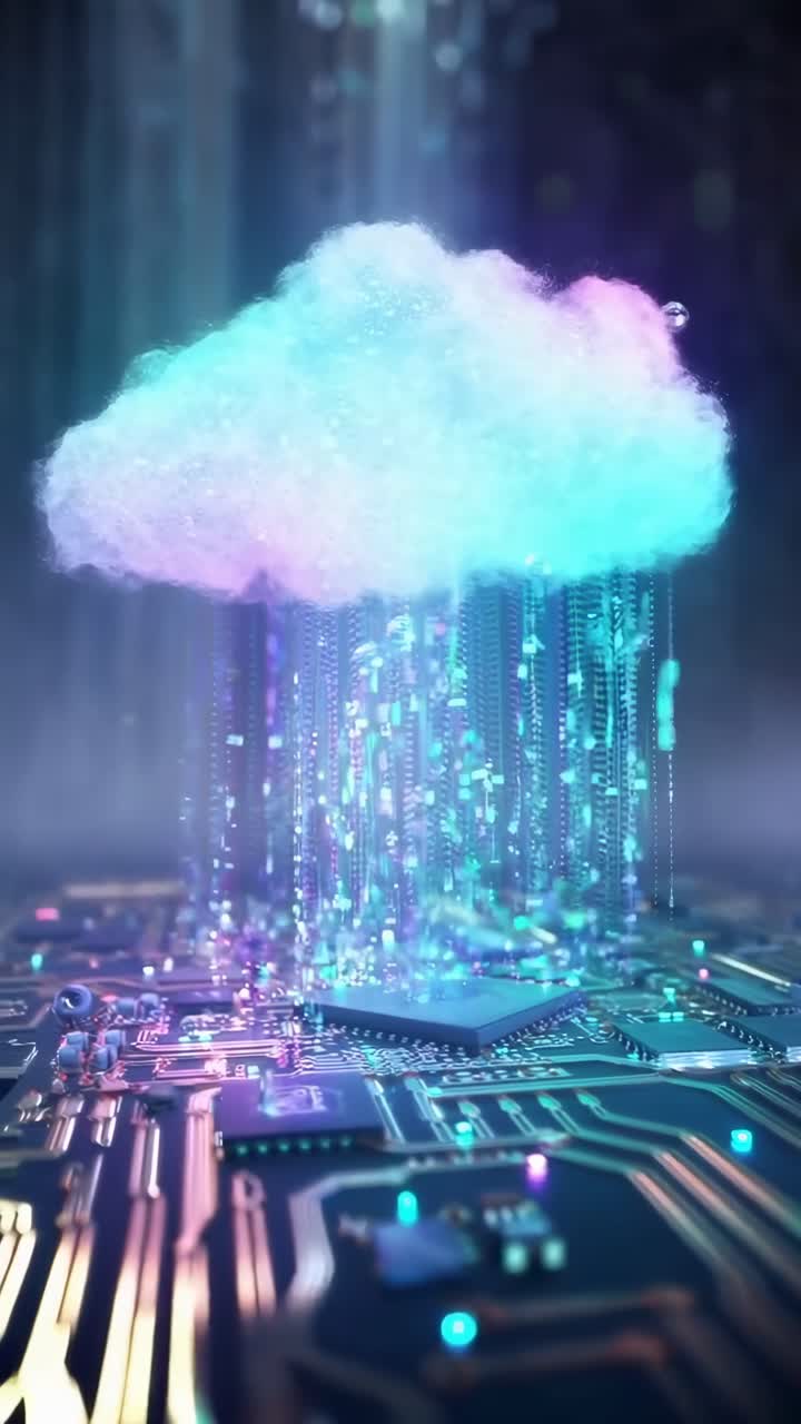 Futuristic video concept of a glowing cloud over a circuit board, captured from a low angle