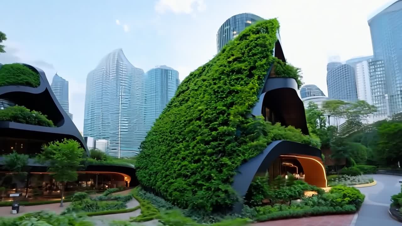 Um edifício com telhado verde no meio de uma cidade.