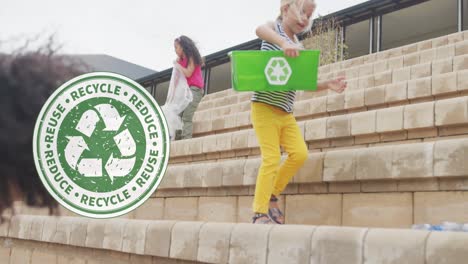 animation of recycling logo over diverse schoolgirls collecting plastic waste outside school