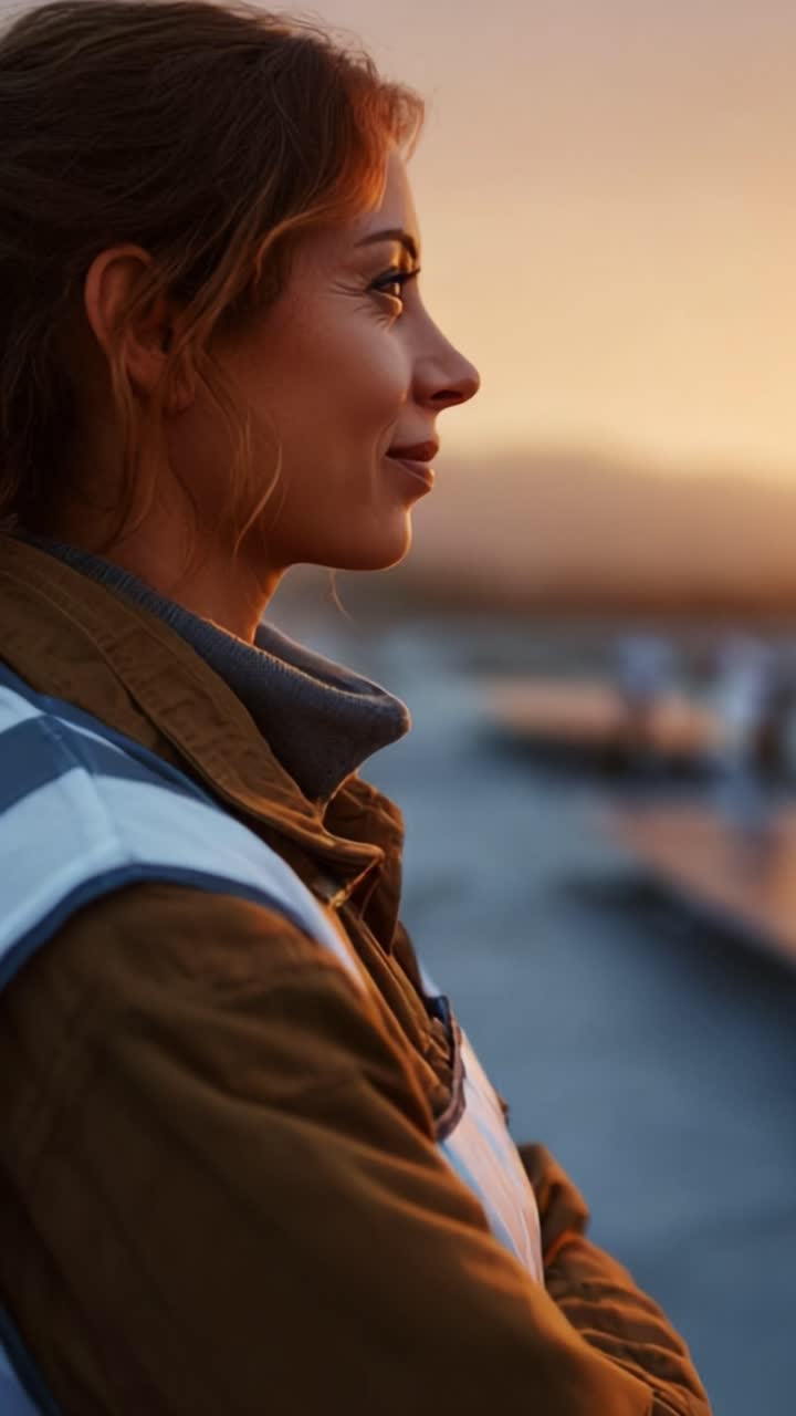 A contemplative woman gazes into the horizon during a stunning sunset, highlighting her thoughtful expression and the soft glow of evening light reflecting on her profile, capturing a moment of tranquility and introspection