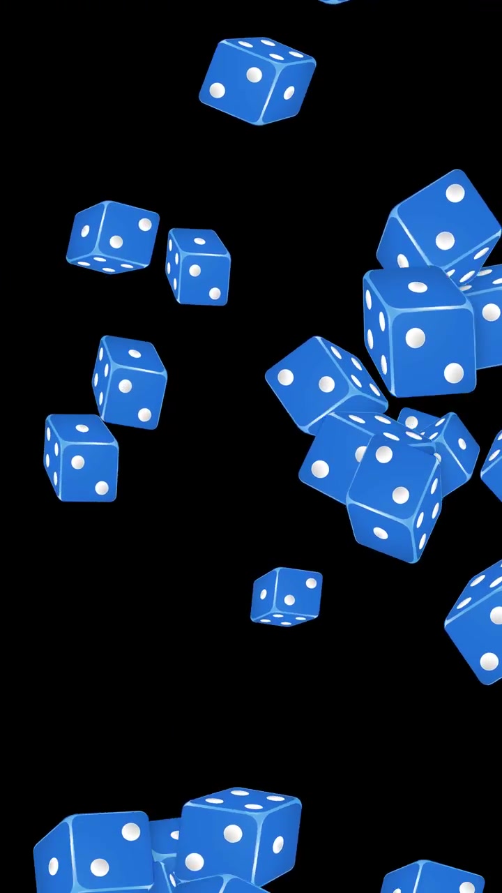 Dadi da gioco blu che rotolano e rimbalzano nell'aria su uno sfondo verticale scuro