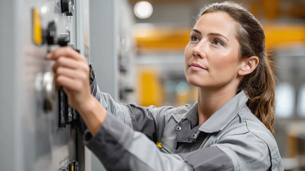 Woman operating electrical panel in a factory