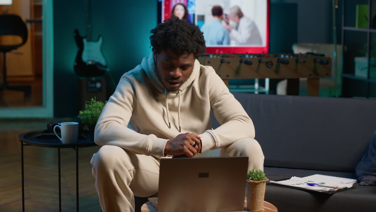 African american applicant at a virtual job interview via online video call, applying for job vacancy listed on web recruiting platform. Ambitious person looking to get hired, job offer. Camera A.